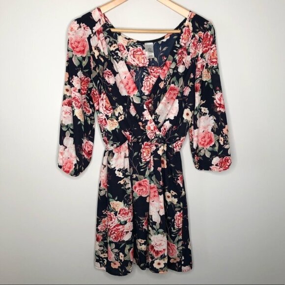 COCO Avante  Navy and Floral Print Long Sleeve Mini Dress Size Medium - Picture 1 of 6